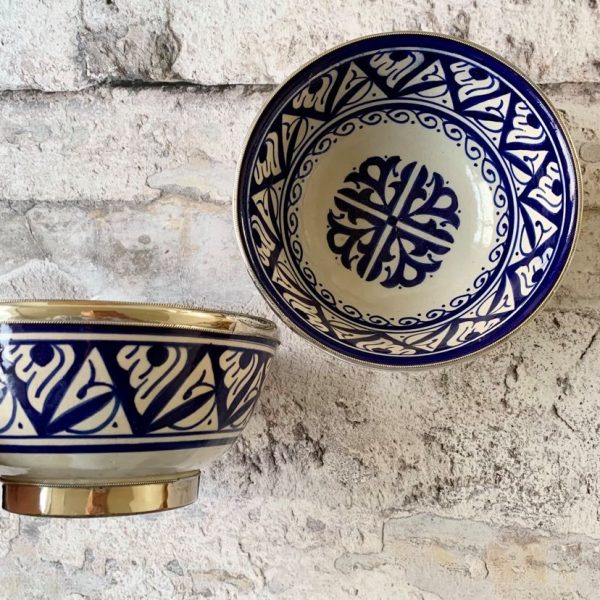 Marokkansk håndlavet keramikskål med metalkant - Odina, blå.
