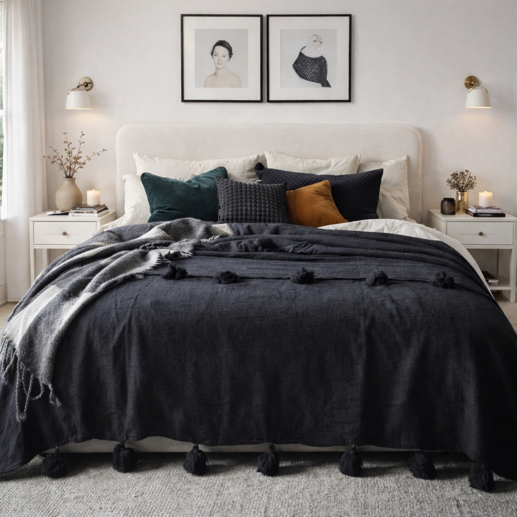 Marokkansk Pompom Plaid i Bomuld – Håndvævet sengetæppe & sofa-plaid