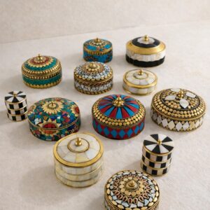 Dekorative smykkeæsker i messing med mosaik